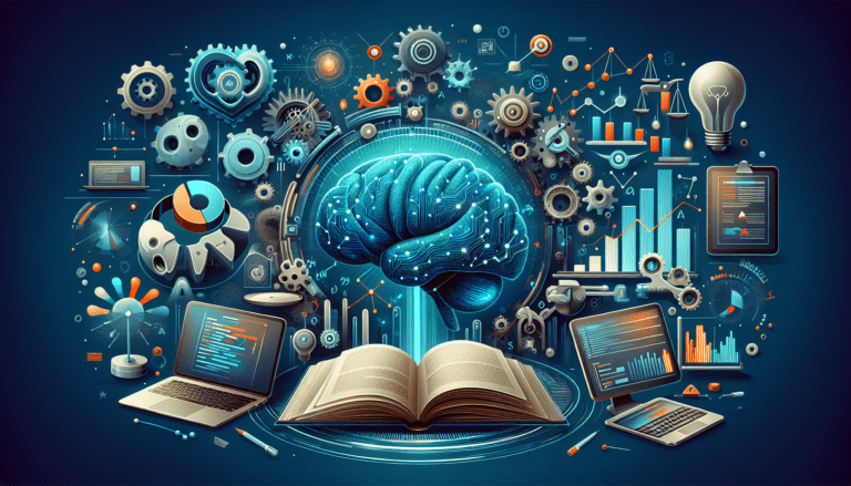 Image showing a balanced scale with a quill pen and AI circuitry, symbolizing AI write pros and cons for publishing in small businesses.