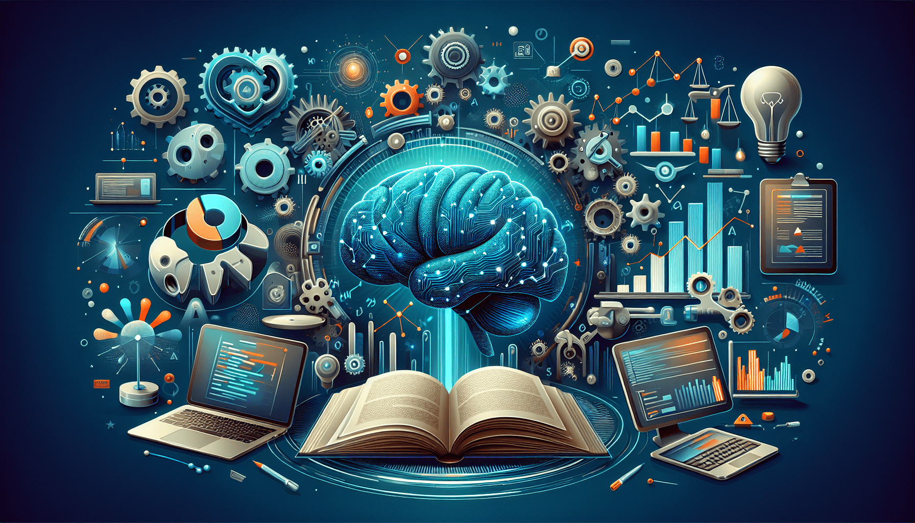 Image showing a balanced scale with a quill pen and AI circuitry, symbolizing AI write pros and cons for publishing in small businesses.