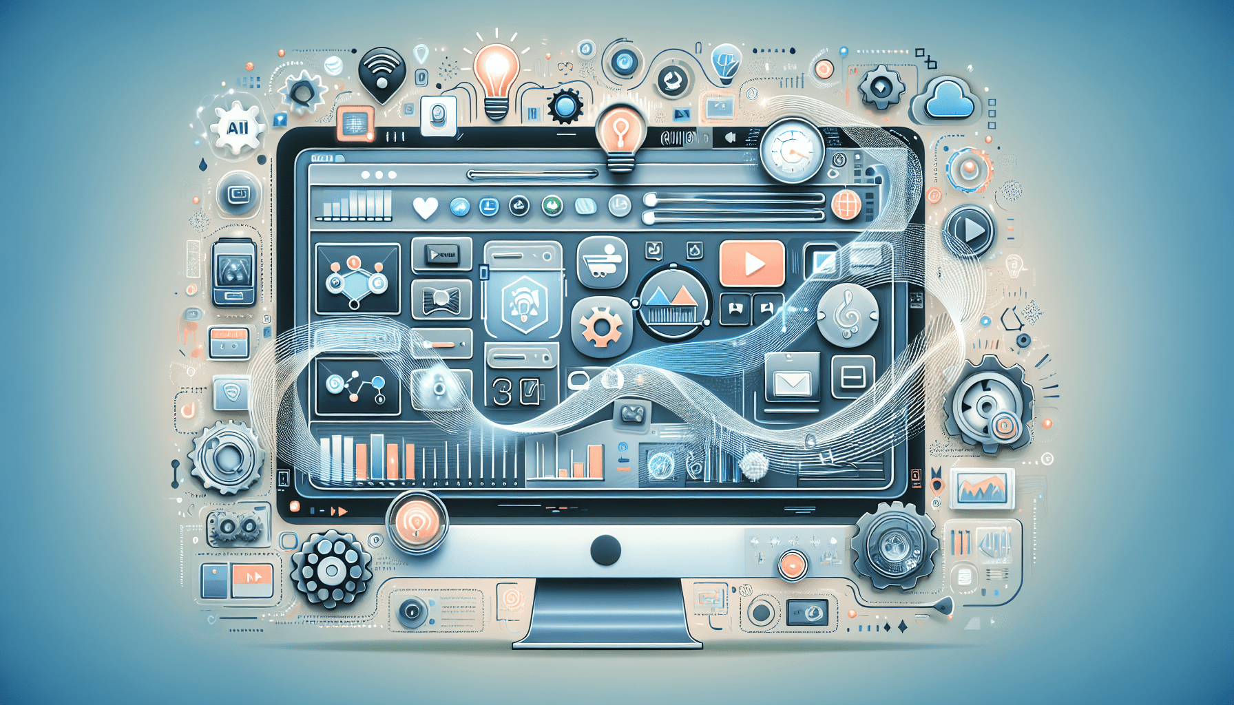 Illustration of an AI free video generator interface on a laptop screen, highlighting features for small business owners.