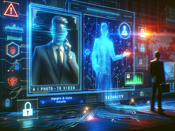 Image of a concerned business owner analyzing a digital screen with security icons and "AI photo to video" tools, highlighting scam risks.