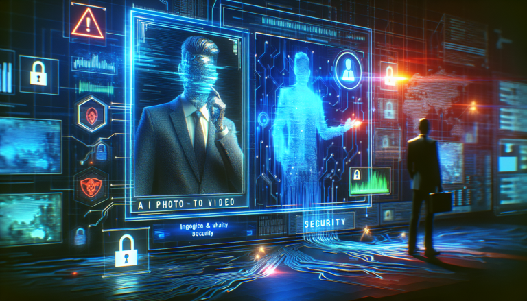 Image of a concerned business owner analyzing a digital screen with security icons and "AI photo to video" tools, highlighting scam risks.