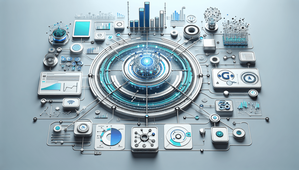 Image depicting a diverse team analyzing futuristic graphs and trends on a digital screen, illustrating a 2025-centric AI marketing strategy.