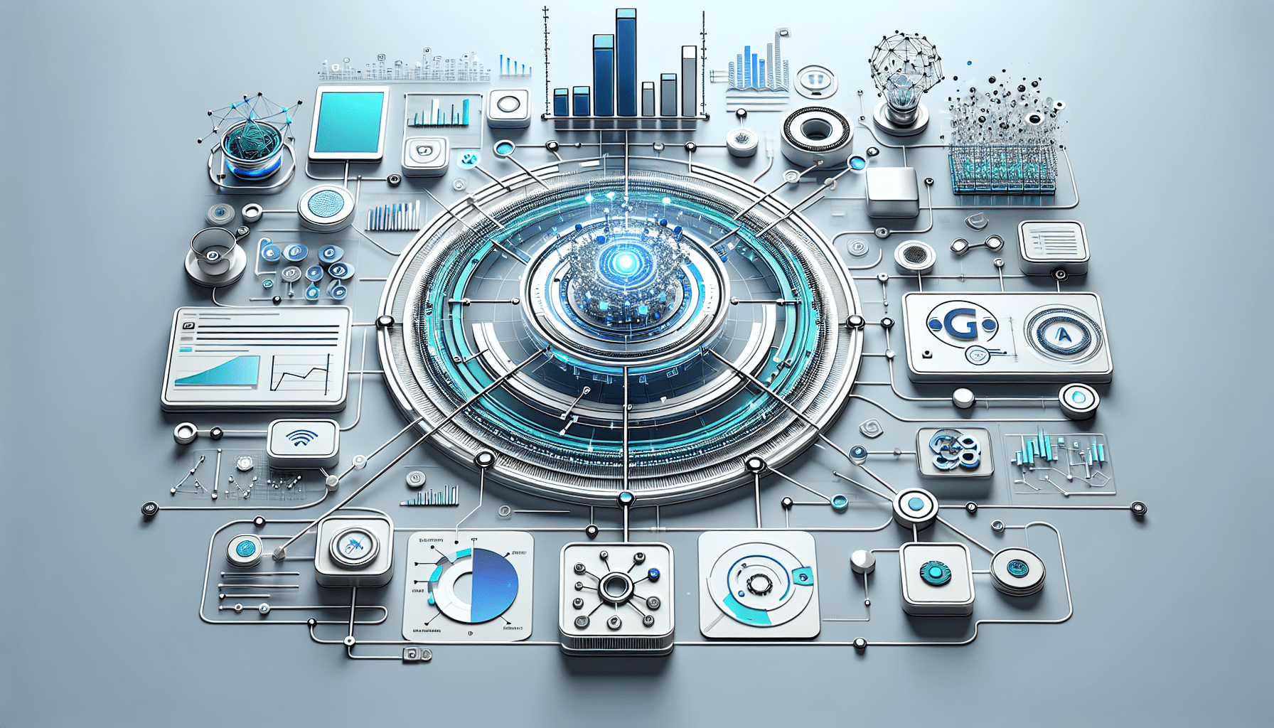 Image depicting a diverse team analyzing futuristic graphs and trends on a digital screen, illustrating a 2025-centric AI marketing strategy.