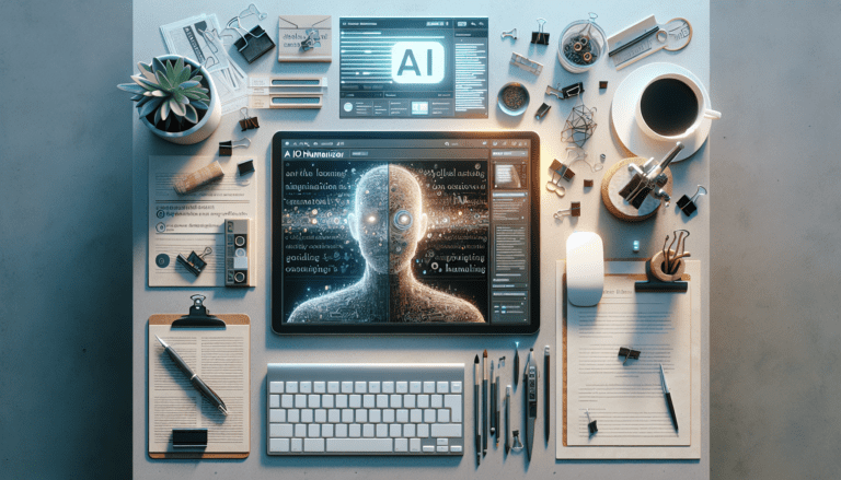 Image of a small business owner using a computer with AI text software to enhance content creation, showcasing humanizing technology benefits.