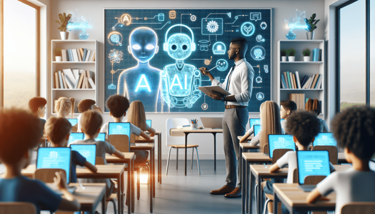 Image of a small business owner using an AI writing tool on a laptop, enhancing education and content creation productivity.