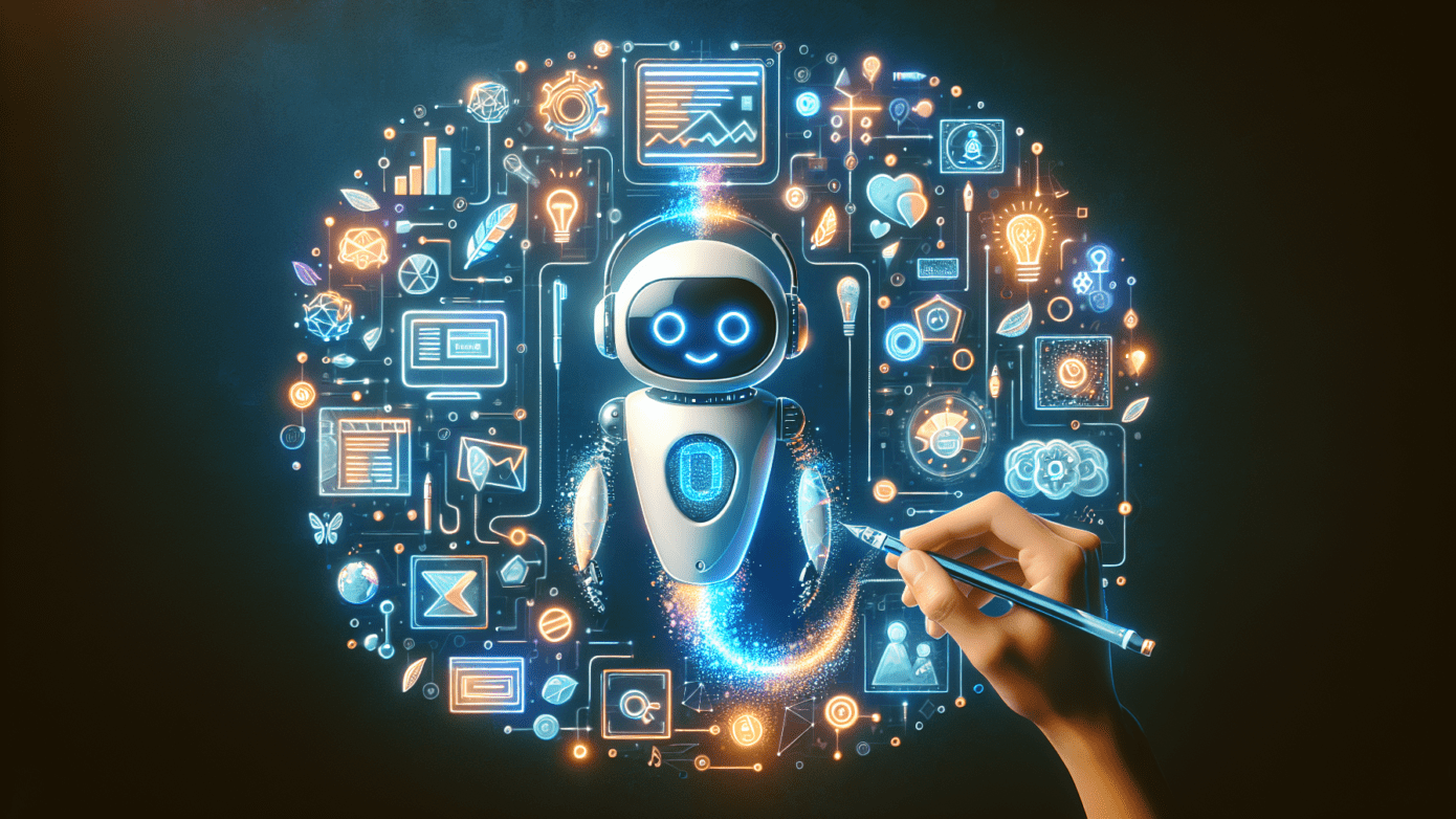 Top AI Content Writer Tools: Boost Creativity & Productivity 1 Image showing a laptop displaying AI content writer software, surrounded by notes and graphics, highlighting creative productivity tools.