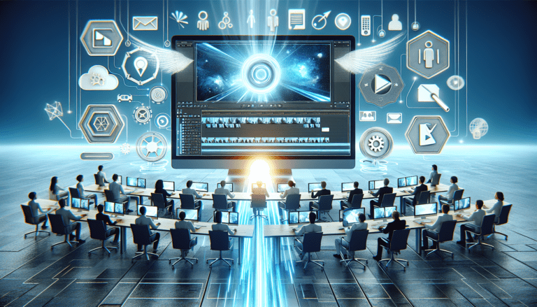 Image showing a small business owner using a laptop, viewing an OpenAI video on content innovation, symbolizing modern content creation.