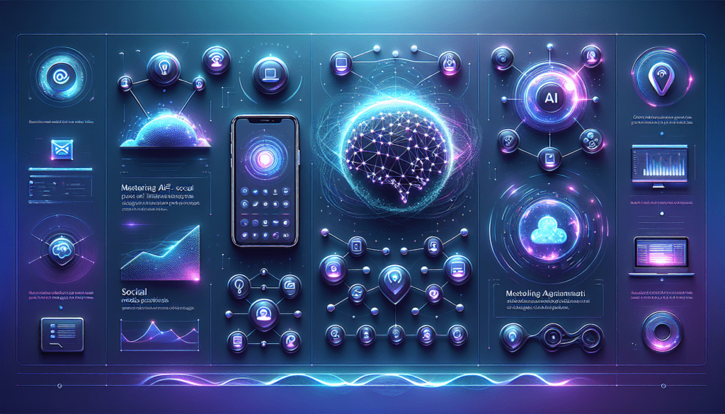 Mastering AI Social Media Posts: Strategies and Best Practices 1 A laptop displaying "ai social media posts" generation software, surrounded by social media icons, highlighting content strategy.