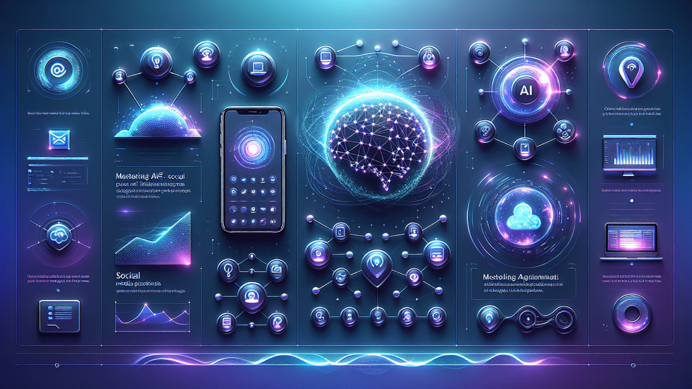 A laptop displaying "ai social media posts" generation software, surrounded by social media icons, highlighting content strategy.