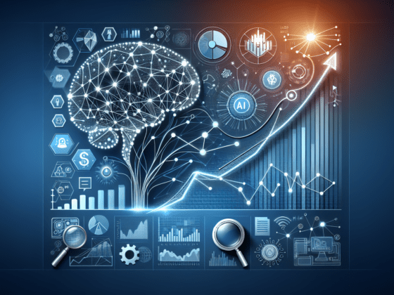 Image showing a diverse team of professionals discussing AI brand growth strategies over digital charts, emphasizing small business success.