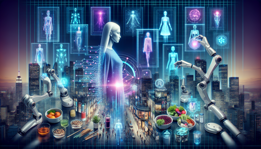 "Brands Using AI: Transforming Fashion and Food Industries" 1 Image depicting Brands using AI in fashion with a smart clothing rack and a robotic chef in a modern kitchen.