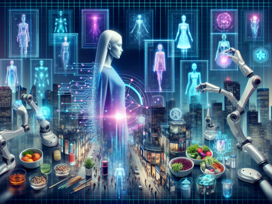 Image depicting Brands using AI in fashion with a smart clothing rack and a robotic chef in a modern kitchen.