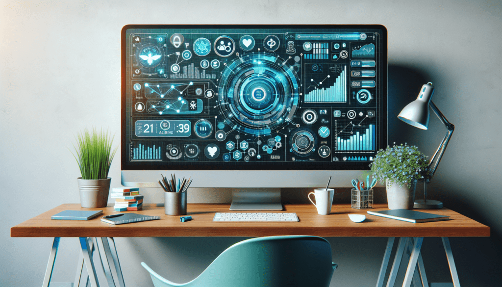 Illustration of a small business owner using an AI social media content generator on a laptop to enhance marketing strategies.