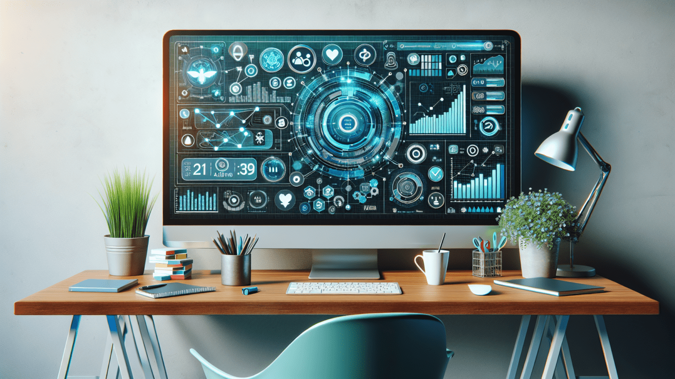 Illustration of a small business owner using an AI social media content generator on a laptop to enhance marketing strategies.