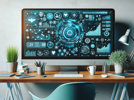 Illustration of a small business owner using an AI social media content generator on a laptop to enhance marketing strategies.