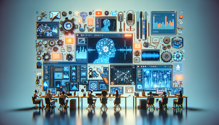 "AI article concept: computer with floating text bubbles and digital gears, illustrating generative AI's influence in content creation."