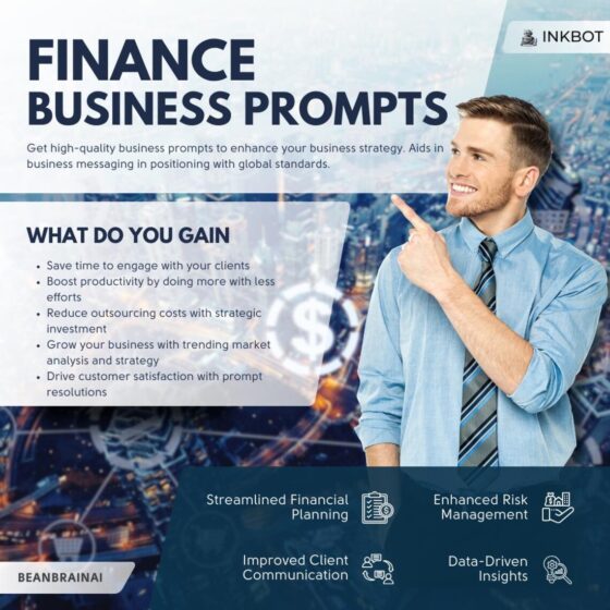 Businessman pointing at finance ai prompt text with icons for risk management, financial planning, and client communication.