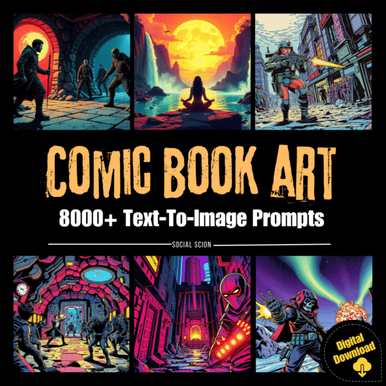 Collage of colorful comic book scenes generated by AI, featuring superheroes, space battles, and futuristic cityscapes from AI comic book art prompts.