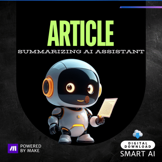 Friendly AI robot holding a document, representing the Article Summarizer AI Assistant for automating research insights using AI.