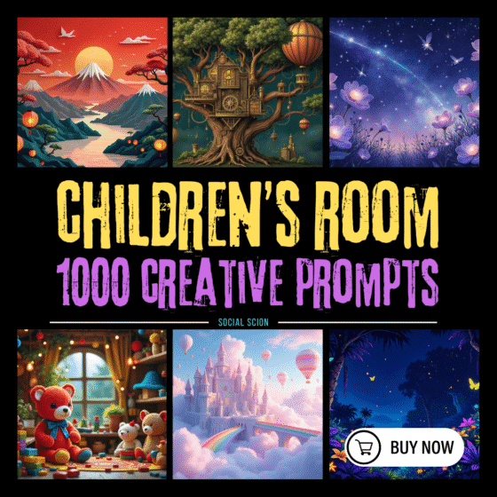 Cute AI robot holding a children’s wall art prompt card, representing a digital prompt bundle for generating nursery and kids room art using MidJourney.