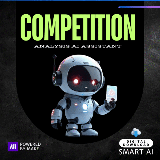 Futuristic AI robot holding analytics card, representing the Competition Analysis AI Assistant for automated competitor research.