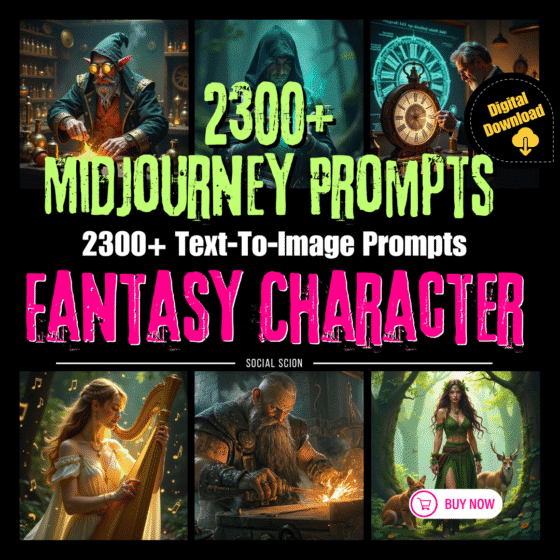 Create breathtaking fantasy characters using 2300+ AI-optimized prompts. Ideal for MidJourney, game design, and digital art. Instant download included.