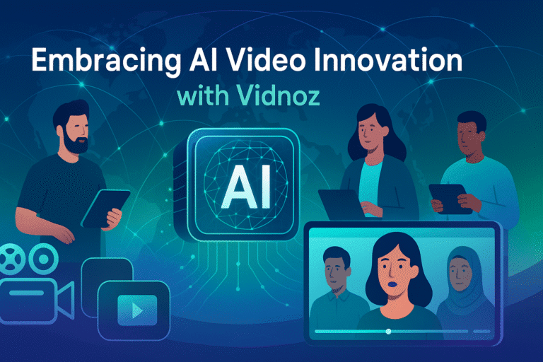 Image of a small business owner using free AI writing tools on a laptop, with Vidnoz logo visible, enhancing video content creation.