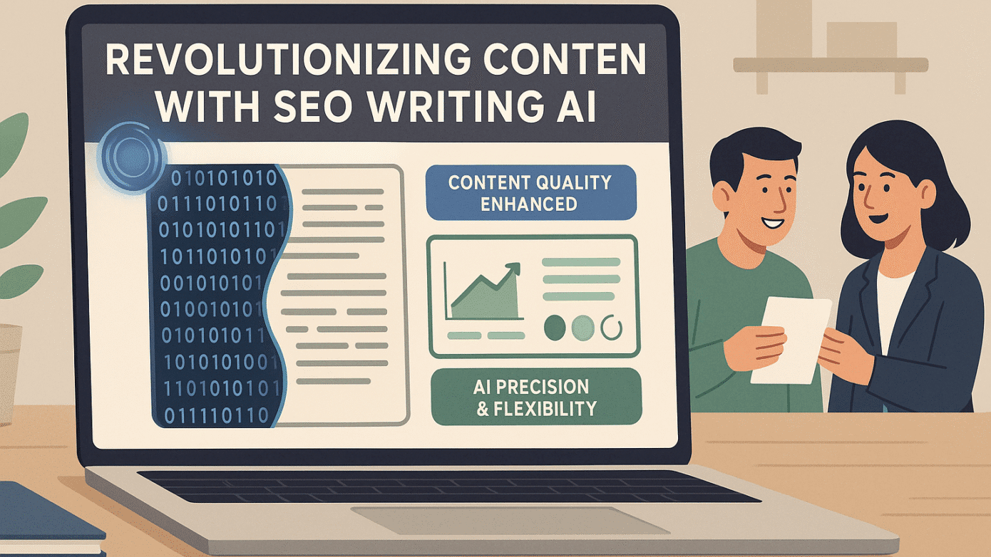 Image of a business professional integrating seo writing ai software on a laptop, highlighting enhanced content strategies.