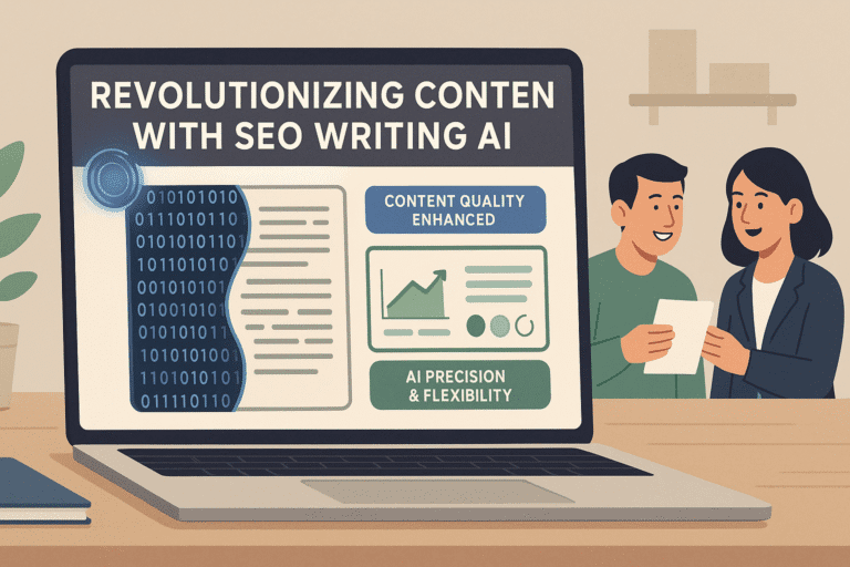 Image of a business professional integrating seo writing ai software on a laptop, highlighting enhanced content strategies.