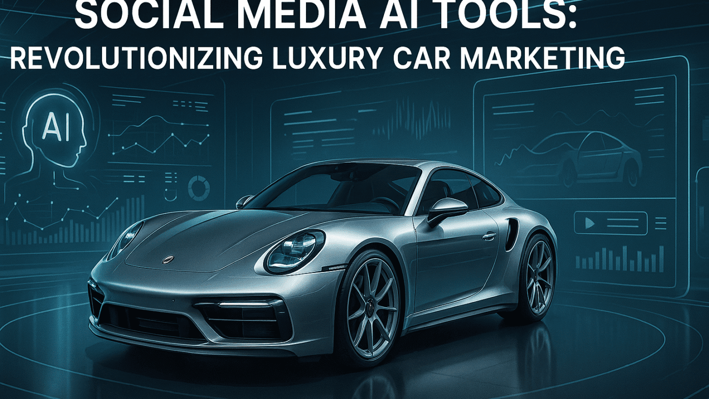 "Image of a luxury car showroom with digital icons representing social media AI tools enhancing marketing strategies."