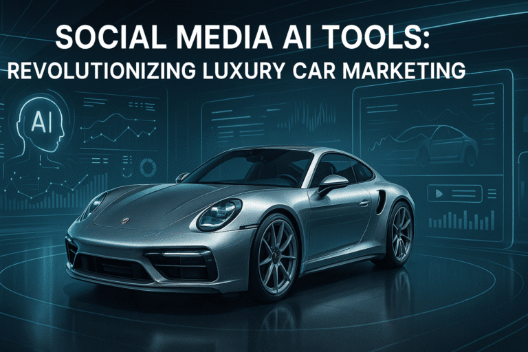 "Image of a luxury car showroom with digital icons representing social media AI tools enhancing marketing strategies."