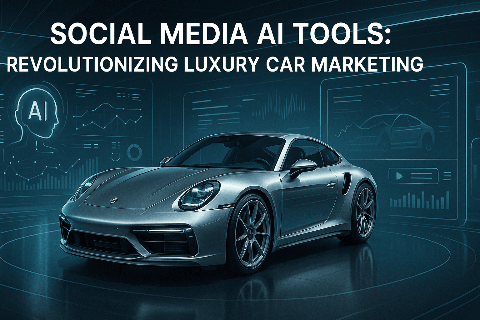 "Image of a luxury car showroom with digital icons representing social media AI tools enhancing marketing strategies."