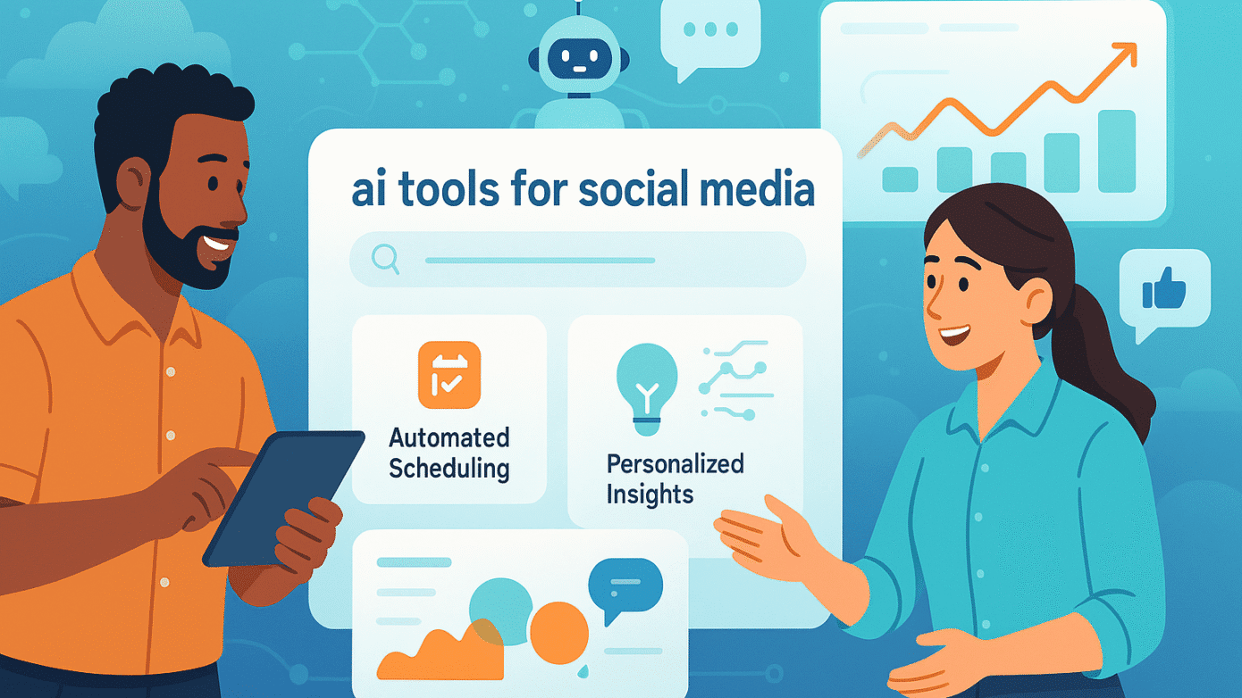 Dashboard showing analytics, chatbots, and automation icons representing ai tools for social media for small businesses.