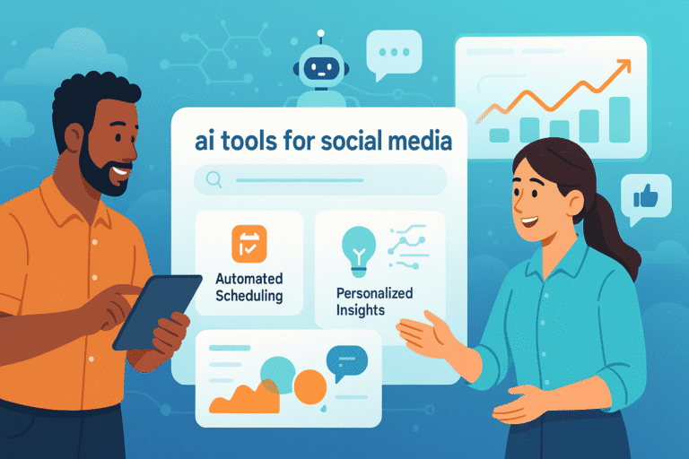 Dashboard showing analytics, chatbots, and automation icons representing ai tools for social media for small businesses.