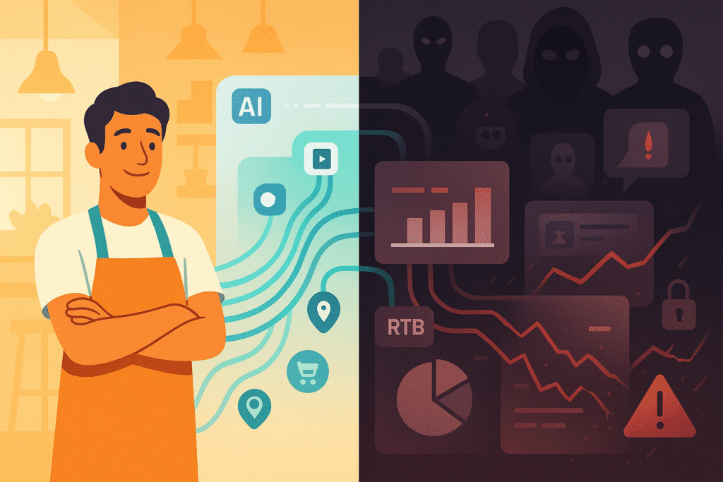 AI Programmatic Advertising: Promise vs Perils 1 Small business owner views ai programmatic advertising performance charts on laptop, weighing promise vs perils