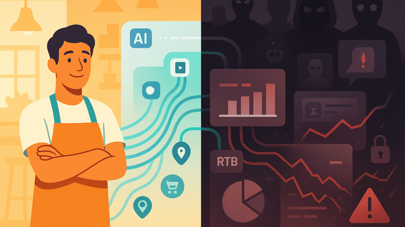 Small business owner views ai programmatic advertising performance charts on laptop, weighing promise vs perils