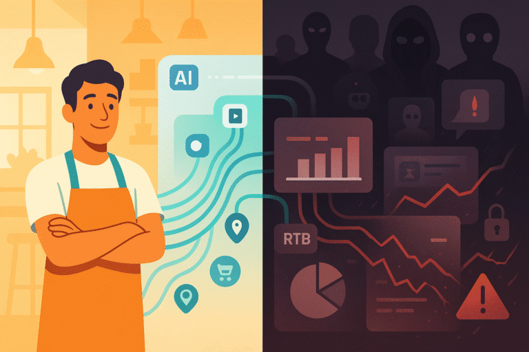 Small business owner views ai programmatic advertising performance charts on laptop, weighing promise vs perils