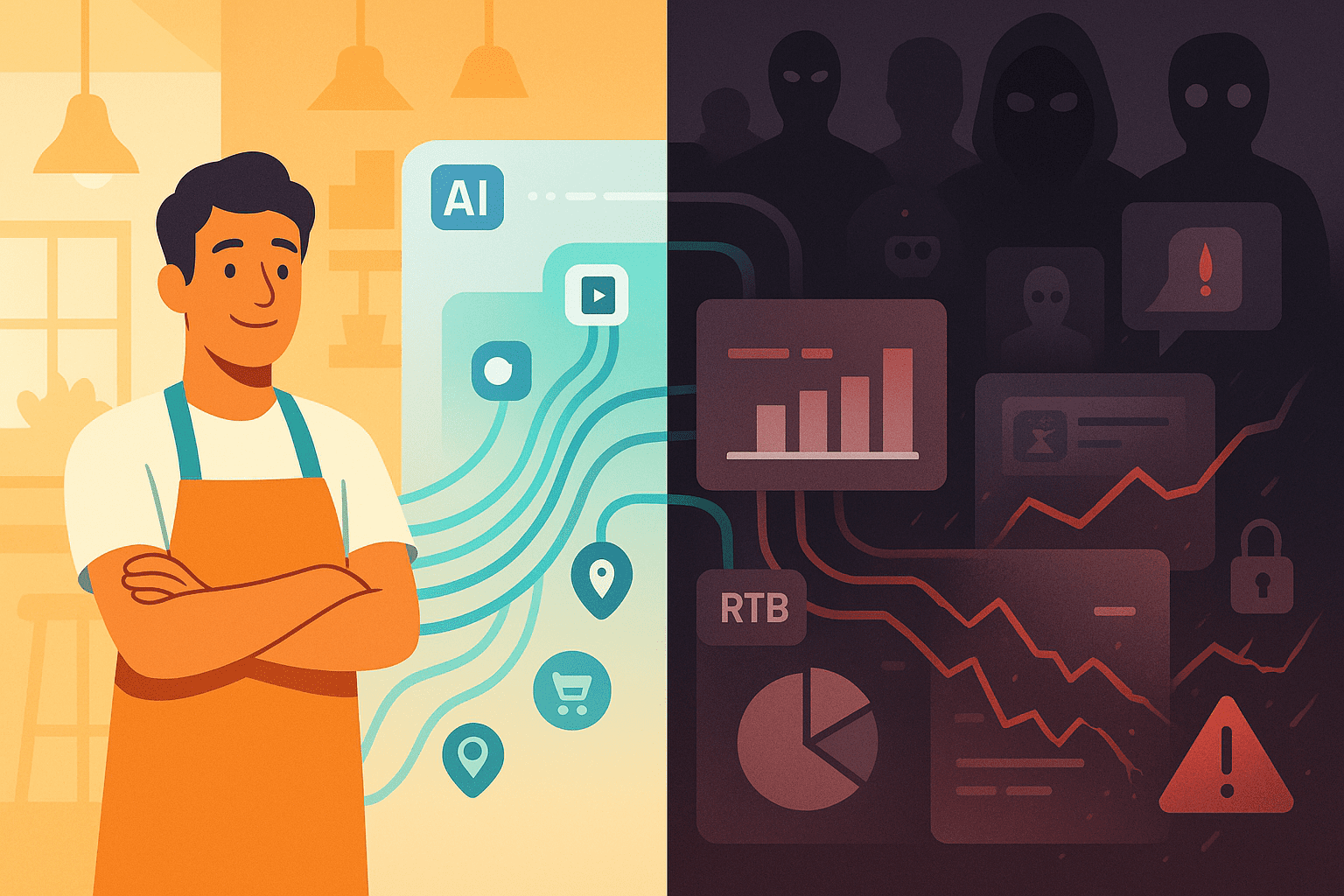 Small business owner views ai programmatic advertising performance charts on laptop, weighing promise vs perils