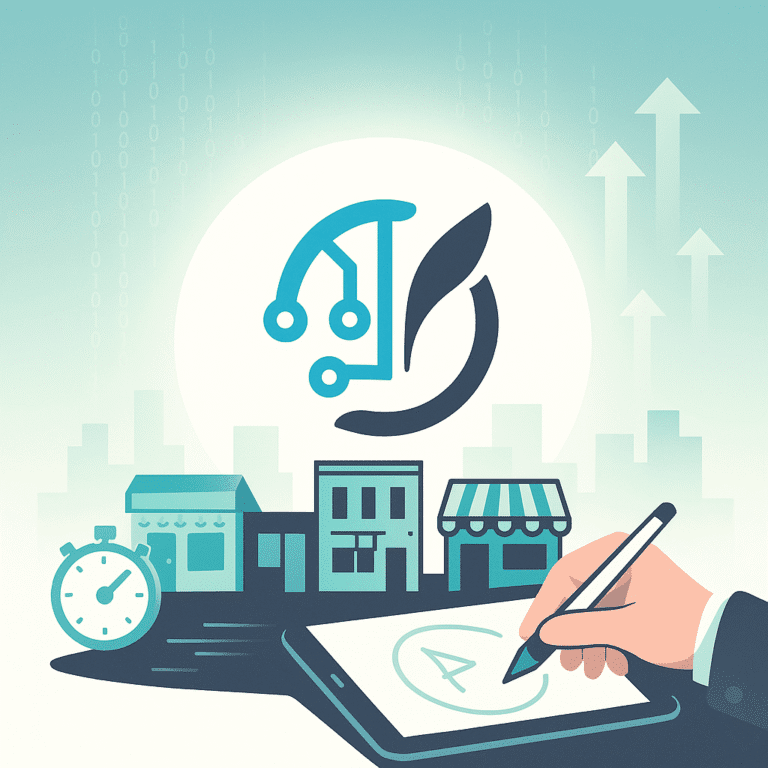 Tablet displaying modern ai company logo branding concepts with charts and 2025 market trend insights for small businesses