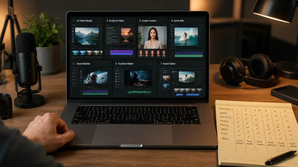 Small business owner at a desk editing YouTube video footage on a laptop timeline in soft natural light