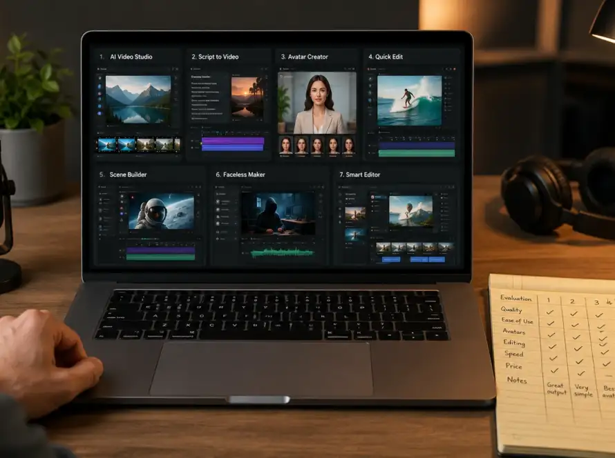 Small business owner at a desk editing YouTube video footage on a laptop timeline in soft natural light