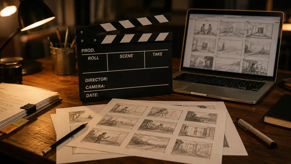 Cinematic film clapperboard and laptop storyboard representing AI filmmaking for small business video marketing