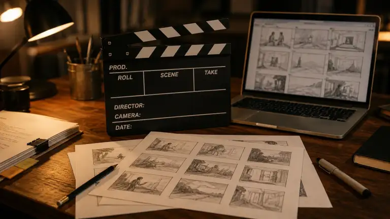Cinematic film clapperboard and laptop storyboard representing AI filmmaking for small business video marketing