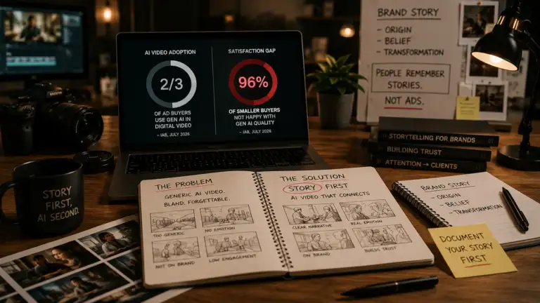 AI video advertising strategy workspace showing adoption and satisfaction data, storyboards, and a story-first framework for improving generative AI video quality.