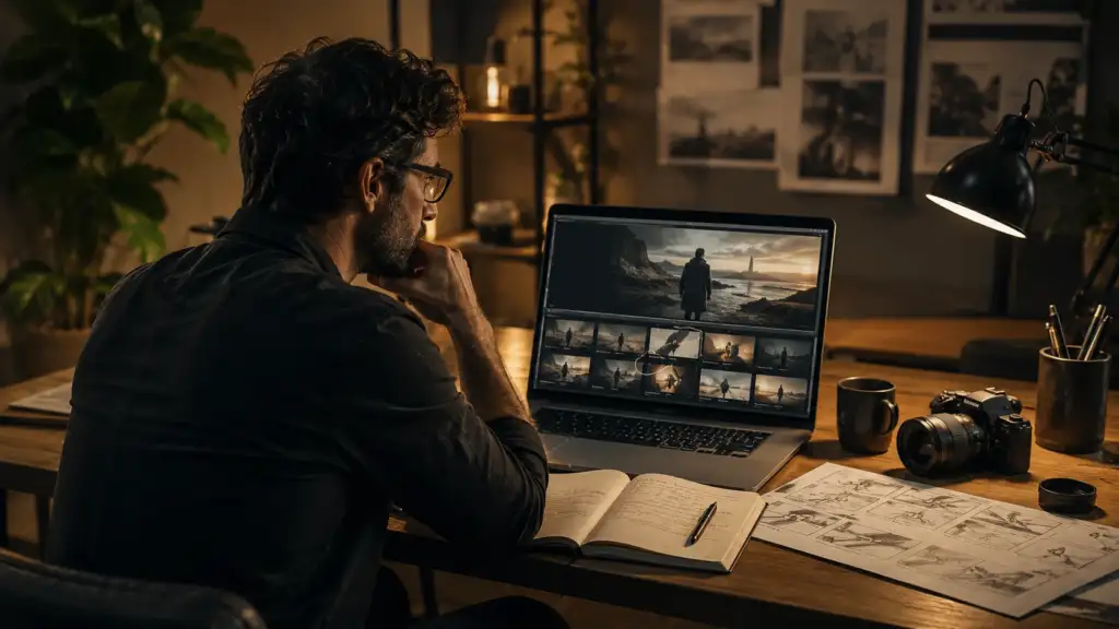 Creative professional reviewing AI-generated video footage and storyboards in a cinematic studio, representing AI video limitations to consider before hiring in 2026.