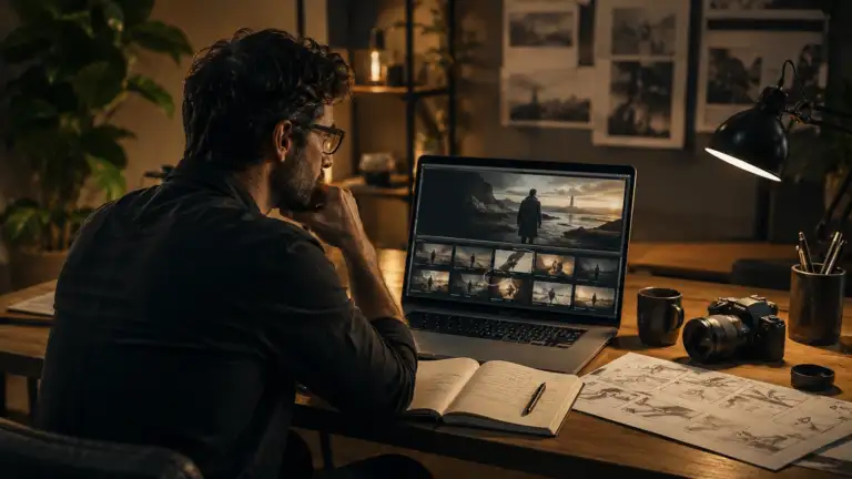 Creative professional reviewing AI-generated video footage and storyboards in a cinematic studio, representing AI video limitations to consider before hiring in 2026.