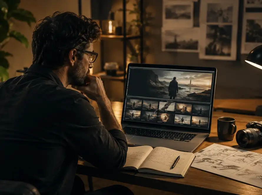 Creative professional reviewing AI-generated video footage and storyboards in a cinematic studio, representing AI video limitations to consider before hiring in 2026.