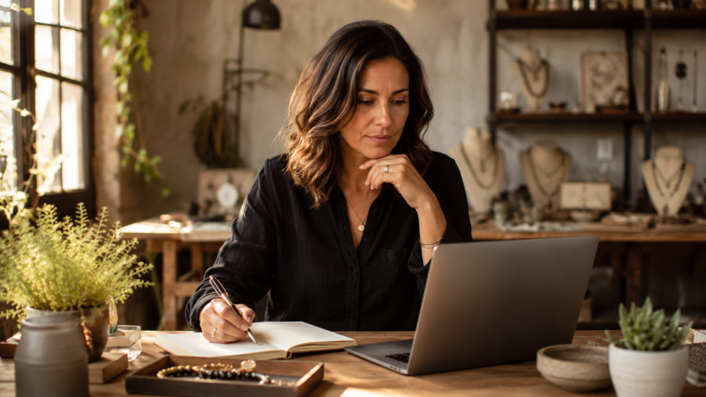 Small business owner reviewing her brand story in a warm studio, illustrating humanized storytelling and why her business may not appear on ChatGPT.