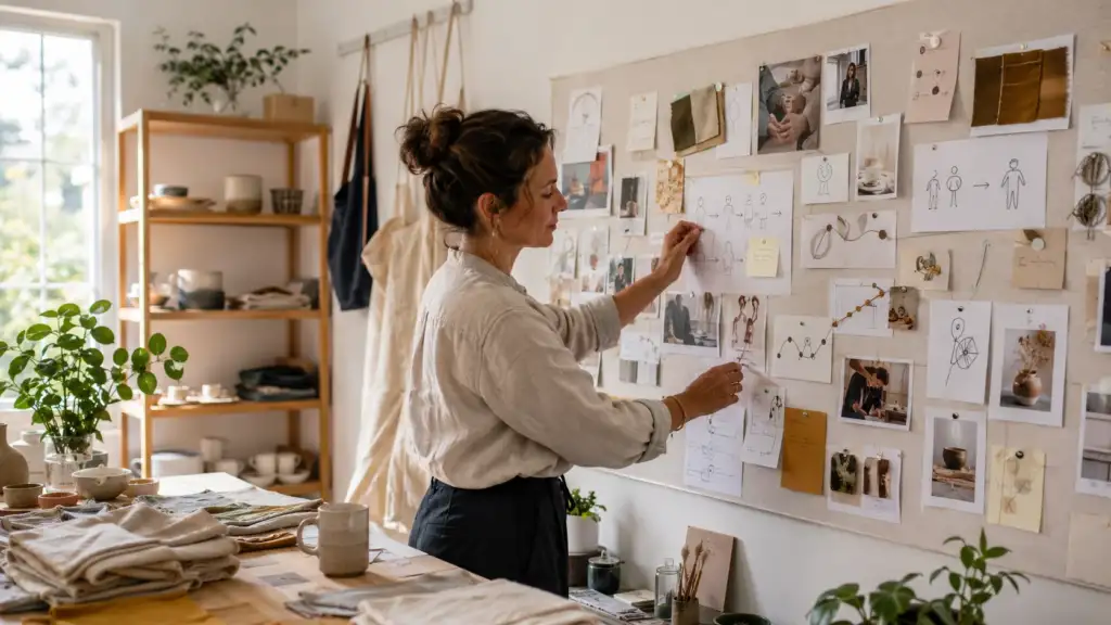 Small business owner reviewing story notes and a storytelling marketing strategy outline at a desk in warm natural light