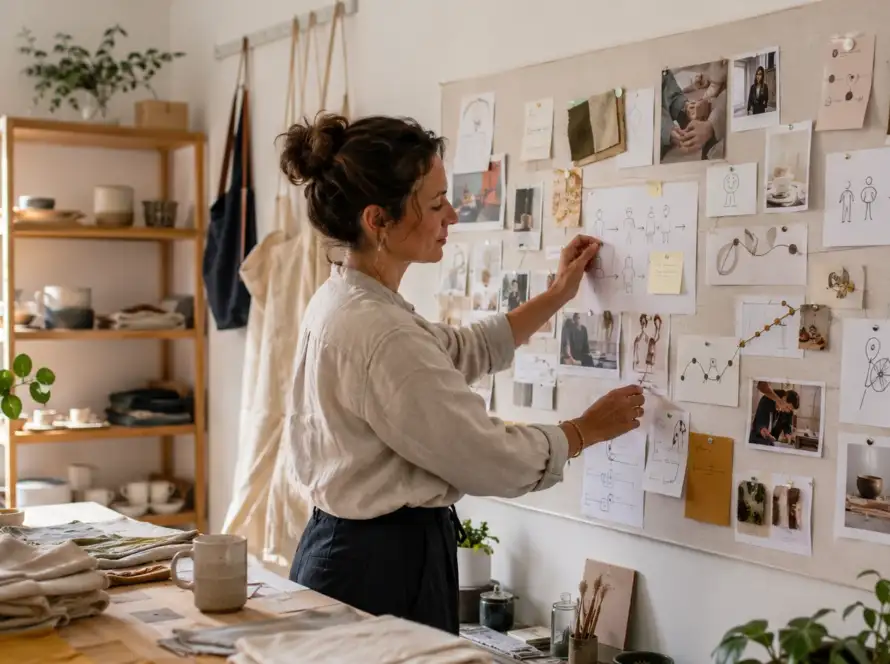Small business owner reviewing story notes and a storytelling marketing strategy outline at a desk in warm natural light